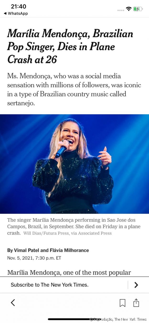 The New York Times exaltou a carreira de Marília Mendonça em matéria sobre a morte