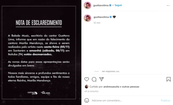 Gusttavo Lima cancelou shows devido à morte de Marília Mendonça