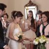 O look de Angel (Camila Queiroz) no casamento de Alex (Rodrigo Lombardi) e Carolina (Drica Moraes) era branco com renda