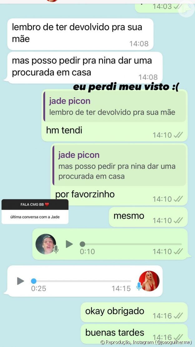João Guilherme e Jade Picon: última conversa é exposta na web