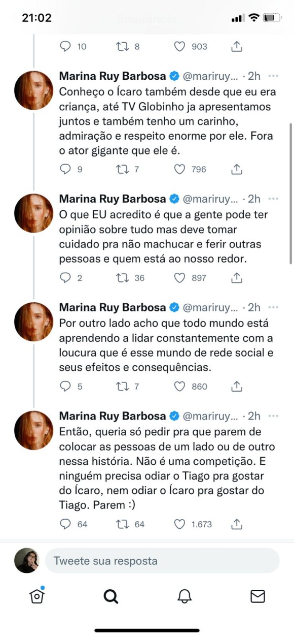 Por fim, Marina Ruy Barbosa pediu para não ser envolvida na briga entre Tiago Leifert e Ícaro Silva