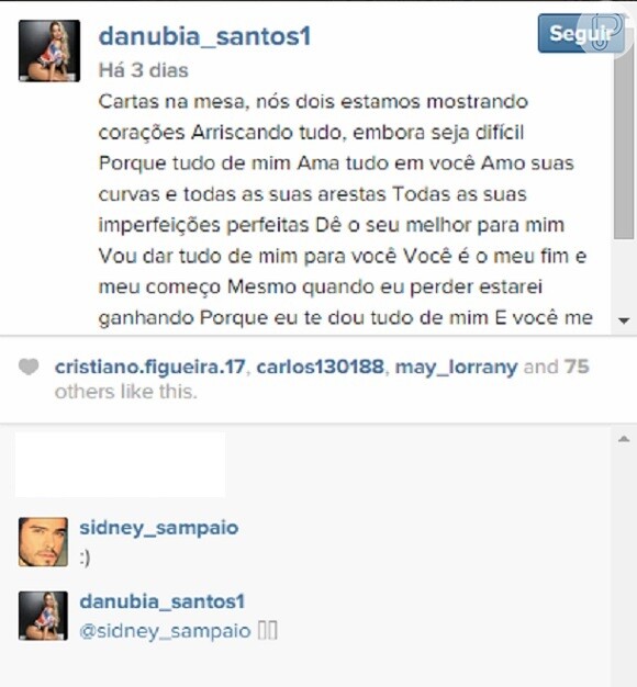 Em seu Instagram, Danubia Santos publicou uma música romântica para Sidney Sampaio, que retribuiu com um sorriso