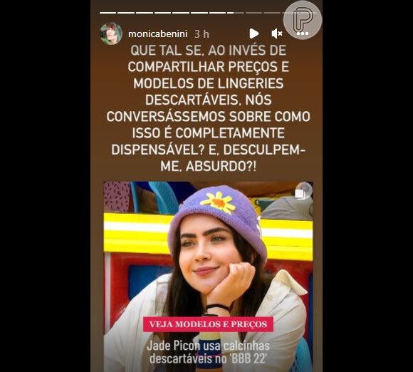 A influencidora Monica Benini questionou a sustentabilidade das calcinhas descartáveis