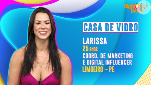 'BBB 22': Larissa Tomásia foi anunciada na Casa de Vidro nesta quarta (11) e entra no programa no domingo (13) caso a votação do público permita