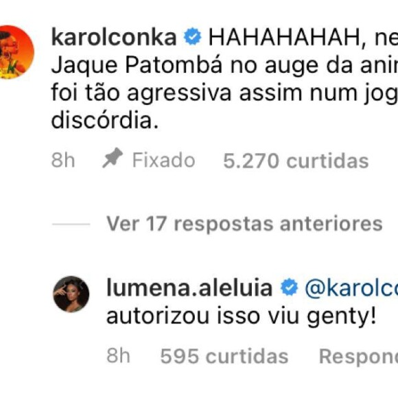 Karol Conká sobre suposta agressão de Maria à Natália: 'Nem a Jaque Patombá no auge da animosidade foi tão agressiva assim num 'Jogo da Discórdia''