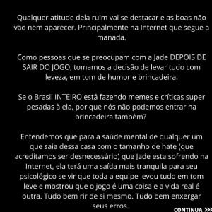 'BBB 22': equipe de Jade Picon cita mensagens de ódio que a influencer vem recebendo por suas posturas no jogo e justifica modo de trabalhar