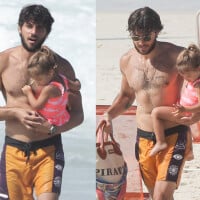 Chay Suede carrega a filha, Maria, no colo e exibe corpo definido em dia de praia. Fotos!