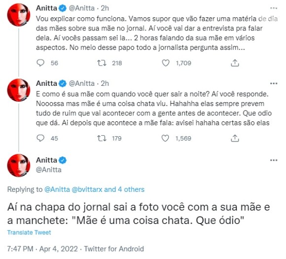 Anitta também justificou dizendo que a frase foi tirada de contexto