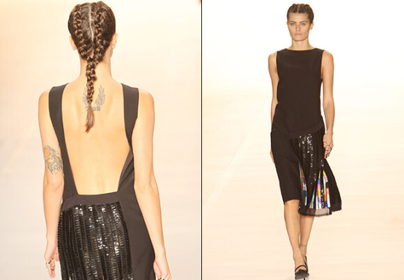 Isabeli Fontana também fechou o desfile do estilista Tufi Duek com um vestido preto bem decotado nas costas