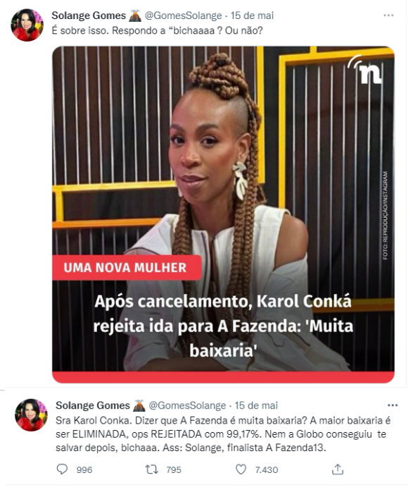 Solange Gomes rebate Karol Conká após ex-BBB falar mal de 'A Fazenda'