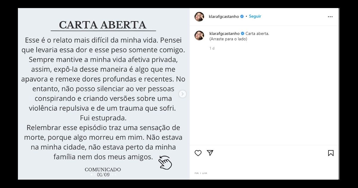 Klara Castanho atriz publicou uma carta aberta contando a história da