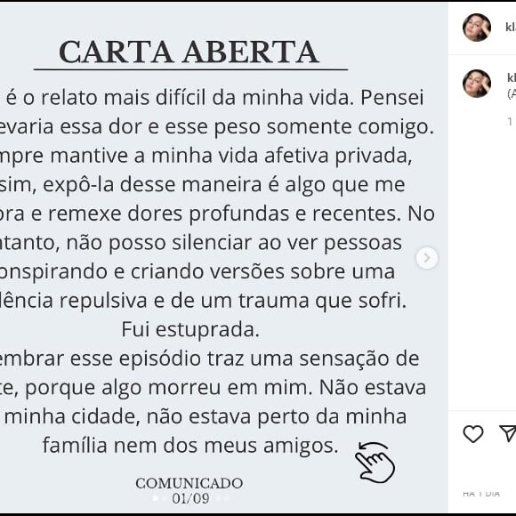 Klara Castanho: atriz contou o relato em um post emocionante nas redes sociais