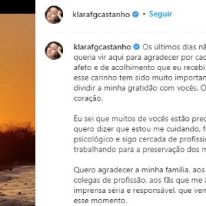 No post, Klara Castanho agradeceu ao carinho recebido pelos fãs