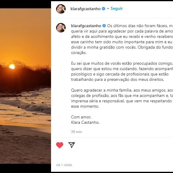 No post, Klara Castanho agradeceu ao carinho recebido pelos fãs