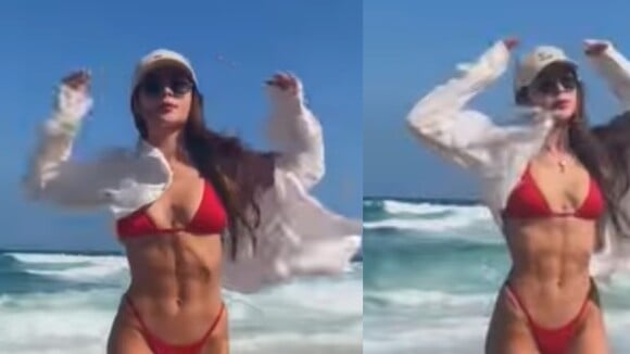 Jade Picon exibe barriga trincada em biquíni fio-dental e asa-delta em dia de praia. Vídeo!