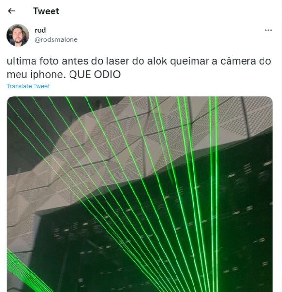 No Twitter, fã acusou laser de Alok de ter queimado a câmera de seu celular