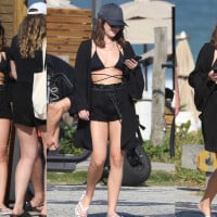 Jade Picon aposta em mood all black na moda praia e combina biquíni de amarração com boné. Fotos!