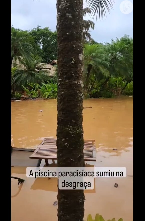 Mariana Belém mostrou piscina invadida pela enchente que atinge São Sebastião