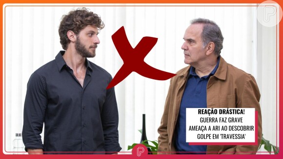 Na novela 'Travessia', Guerra (Humberto Martins) vai fazer uma grave ameaça a Ari (Chay Suede) ao descobrir golpe do vilão