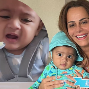 A primeira papinha de Joaquim, filho de Viviane Araujo