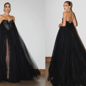 O vestido de festa de Bruna Marquezine combina volume e transparência nas pernas