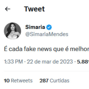 Simaria classificou a notícia como falsa: 'É cada fake news que é melhor dar risada'