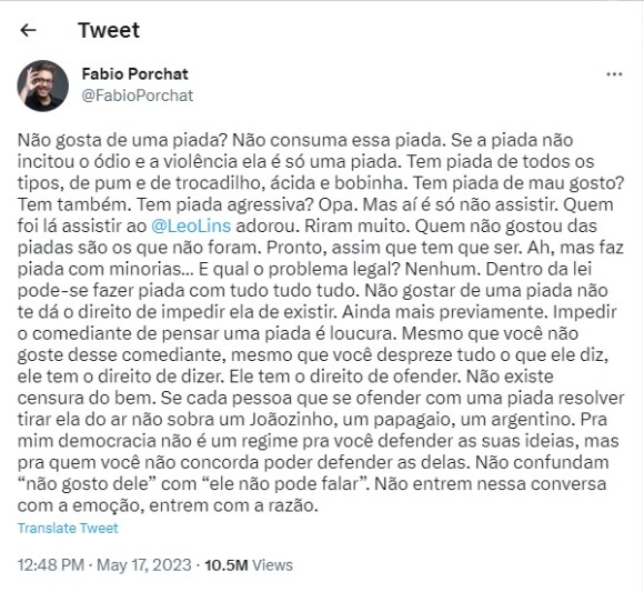Após série de críticas, Fábio Porchat continuou defendendo seu posicionamento sobre vídeo de Léo Lins