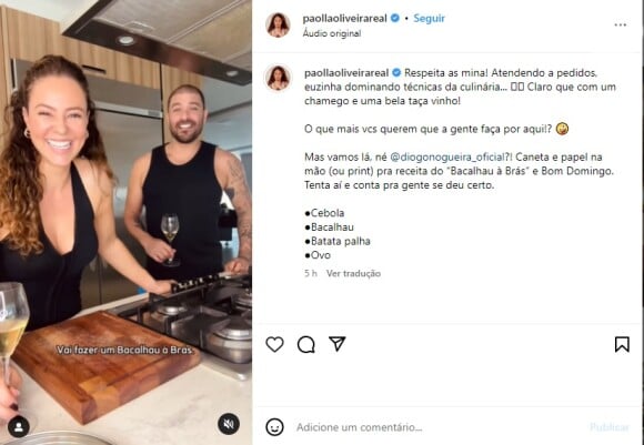 Paolla Oliveira e Diogo Nogueira prepararam juntos o almoço de domingo