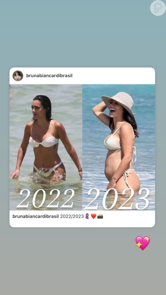 Bruna Biancardi mostrou a comparação de sua barriga com fotos de 2022 e 2023