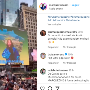 Fãs de Bruna Marquezine viralizaram um vídeo dela em Nova York que a parabenizava por sua estreia em 'Besouro Azul'.