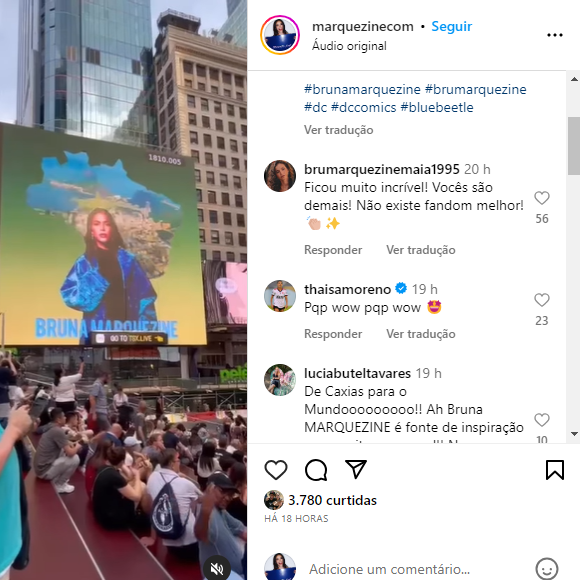 Fãs de Bruna Marquezine viralizaram um vídeo dela em Nova York que a parabenizava por sua estreia em 'Besouro Azul'.