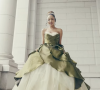 'A Princesa e o Sapo' foi a inspiração para o vestido de noiva da princesa Tiana que prevelace as cores verdes e com babados.