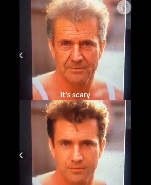 Mel Gibson, atualmente com 67 anos, está bem pareciso com o resultado do filtro de envelhecimento do TikTok