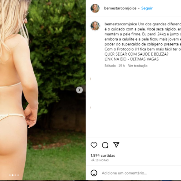 Joice Hasselmann postou fotos de biquíni fio-dental para divulgar seu protocolo de emagrecimento