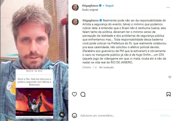 Thiago Gagliasso fez uma associação sobre o posicionamento político em show de Alok com os problemas ocorridos