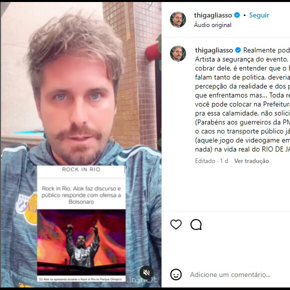 Thiago Gagliasso fez uma associação sobre o posicionamento político em show de Alok com os problemas ocorridos