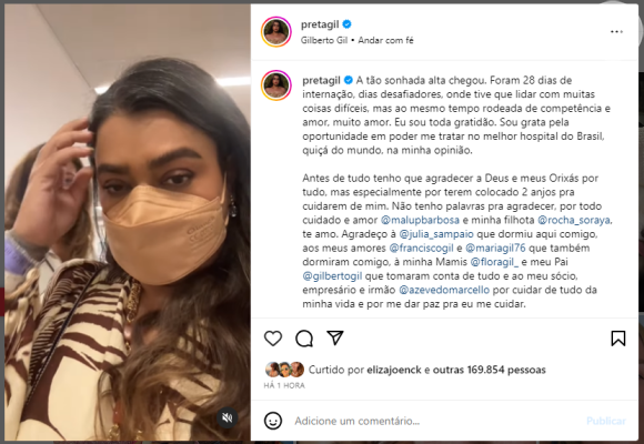 Preta Gil, após cutucar o ex Rodrigo Godoy, ganha a melhor notícias de todas: alta do hospital.