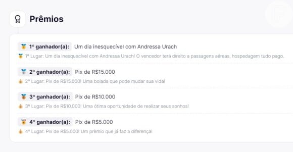 Além do 1º sorteado, os outros três vencedores ganharão prêmios em dinheiro na rifa de Andressa Urach