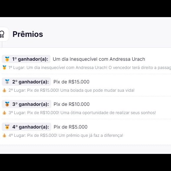 Além do 1º sorteado, os outros três vencedores ganharão prêmios em dinheiro na rifa de Andressa Urach