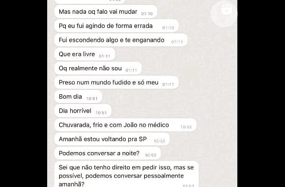 Print de uma das conversas que Ana Paula Renault teve com o namorado que foi exibido pela jornalista nas redes sociais