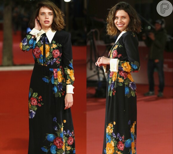 Em evento de cinema, Bruna Linzmeyer foi com um vestido floral com gola que pode te inspirar para ir em um casamento à noite