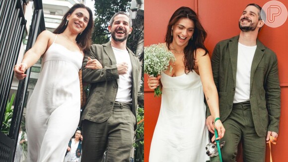 Pedro Neschling e Nathalie Passos, com vestido de noiva simples, se casam no civil acompanhados das mães e cachorros