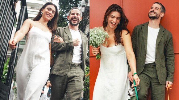Pedro Neschling e Nathalie Passos, com vestido de noiva simples, se casam no civil acompanhados das mães e cachorros. Fotos!