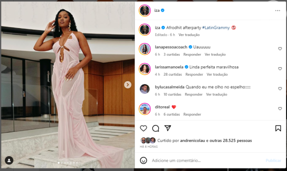 Iza recebeu chuva de elogios após usar look rosa com transparência no Grammy Latino