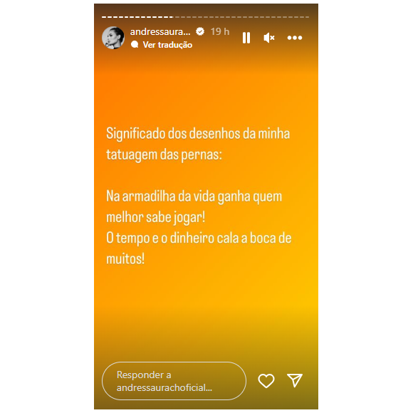 Andressa Urach explicou o significado de suas tatuagens: 'O tempo e o dinheiro cala a boca de muitos'