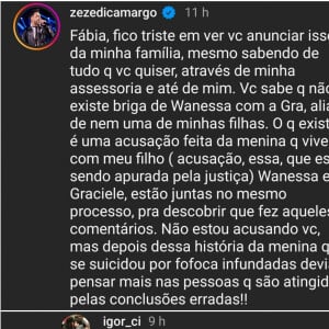 Zezé Di Camargo se referiu à mulher de Igor Camargo como 'menina que vive com meu filho'