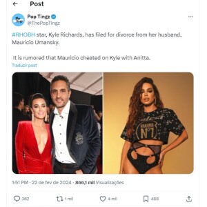 A página Pop Tingz foi uma das que envolveu o nome de Anitta na polêmica. 'Há rumores de que Mauricio traiu Kyle com Anitta', escreveu o perfil