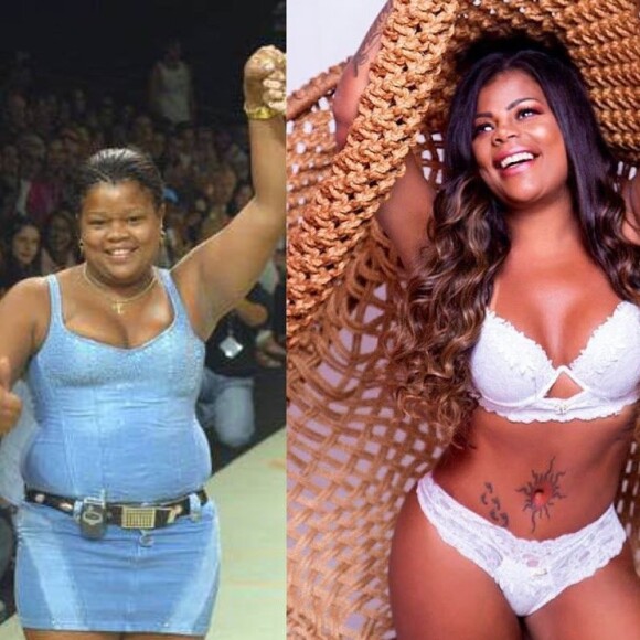 Tati Quebra Barraco compartilhou uma foto mostrando seu antes e depois: na primeira, ela estava na SPFW; na segunda, fazendo um ensaio de lingerie