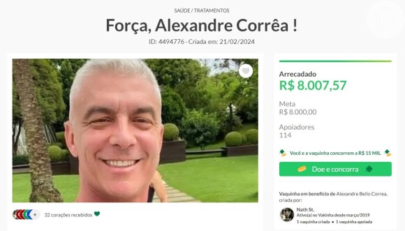 Alexandre Correa pediu qualquer valor para os seguidores. Até o fechamento da matéria, a vaquinha já havia arrecadado mais de R$ 8 mil