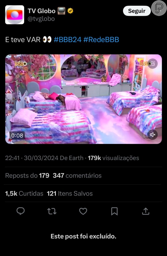 BBB 24: logo em seguida, o vídeo do VAR foi parar na conta oficial da Globo no X, antigo Twitter, mas foi apagado minutos depois